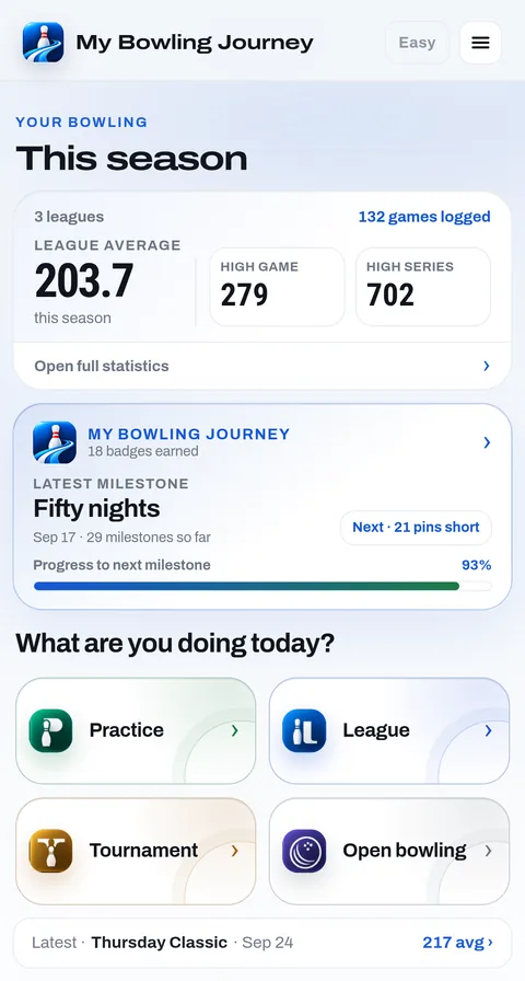 The home screen: season average, high game and series, and the latest milestone