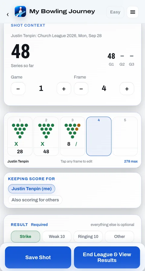 Scoring a frame: the scoresheet with each rack left, and the result buttons