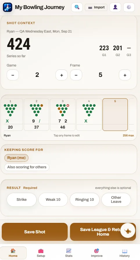 The scoresheet, with each frame drawn as the rack that was left
